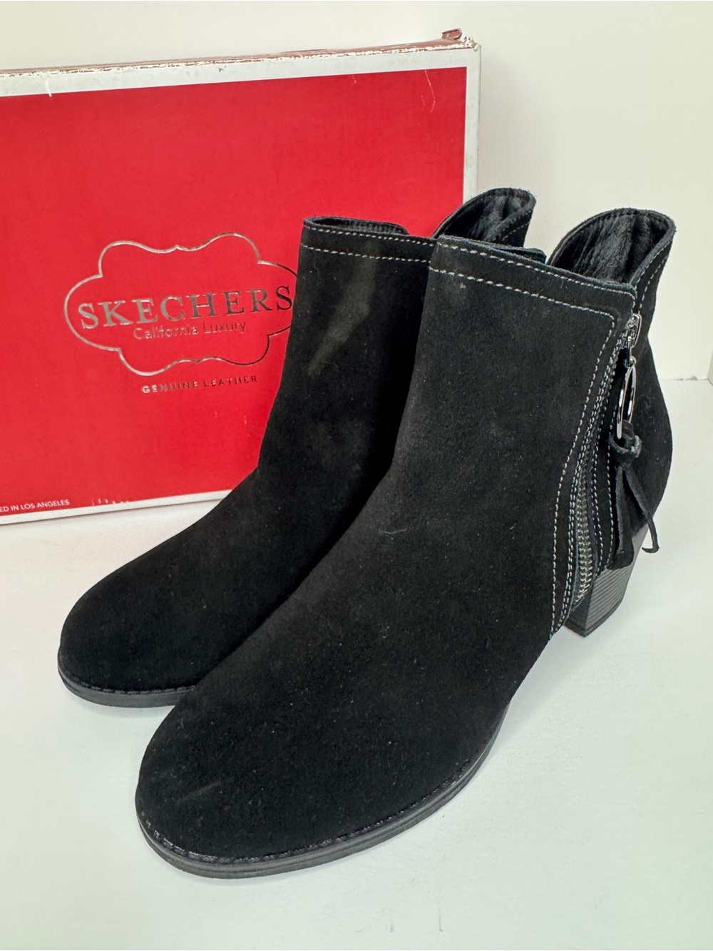 Skechers Taxi, Water Repellent Black Suede Ankle Booties with Side Zip